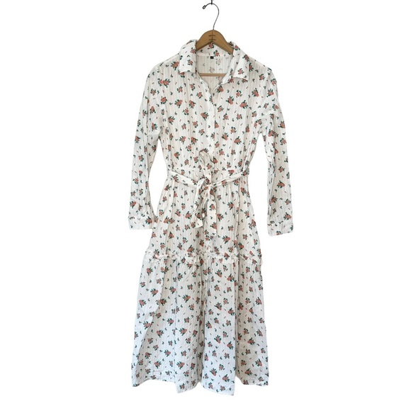 White Floral Button Down Belted Shirt Dress Size M - Picture 1 of 7